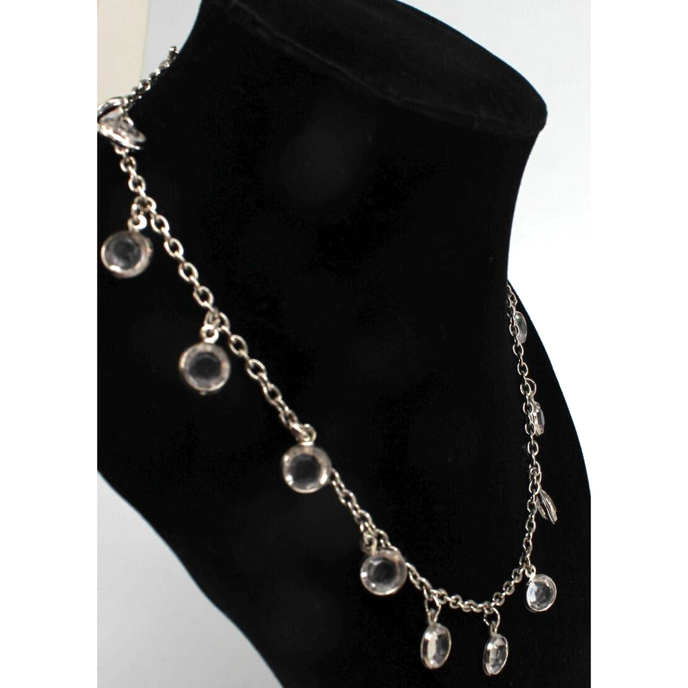 Vintage Crystal Drop Necklace • Bezel Set Multi Faceted Silvertone 15" Marked bb